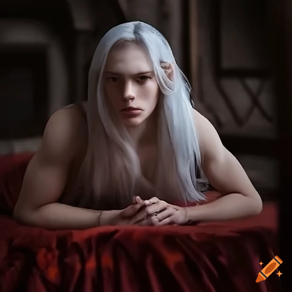 Handsome male elf with long white hair and white robe in a medieval ...