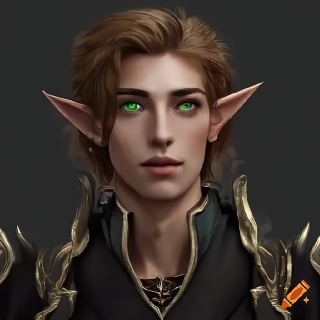 Charming elven prince with messy brown hair and green eyes on Craiyon