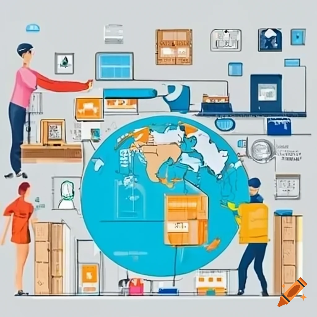 Infographics illustrating stages of production and delivery of goods from China