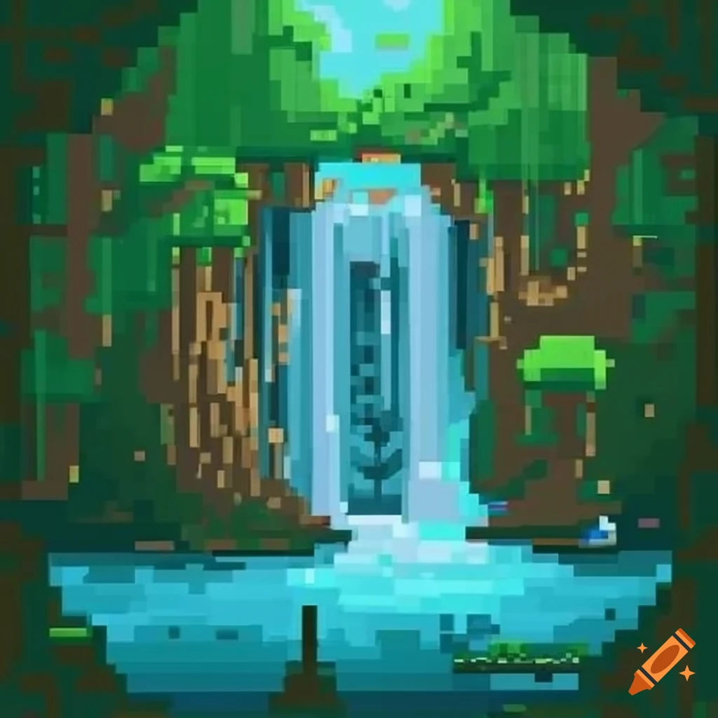 Pixel art fantasy forest with waterfall
