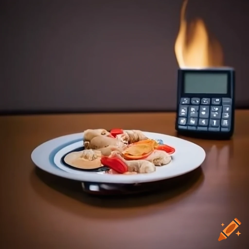Plate of food exploding next to a calculator on a table