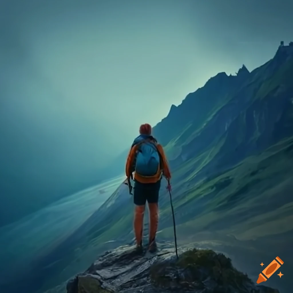Young man with glasses hiking up a mountain on Craiyon