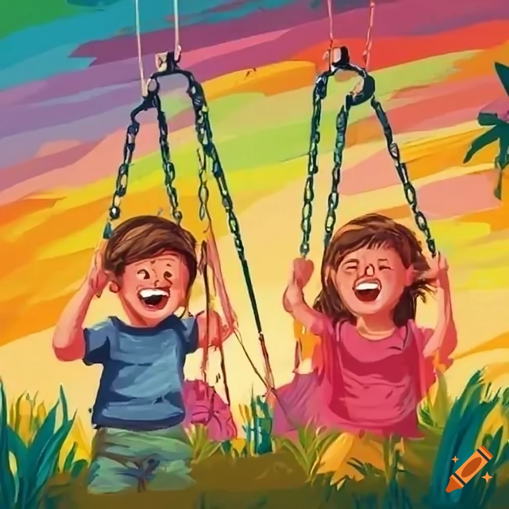 Cheerful boy and girl enjoying colorful swings at the park