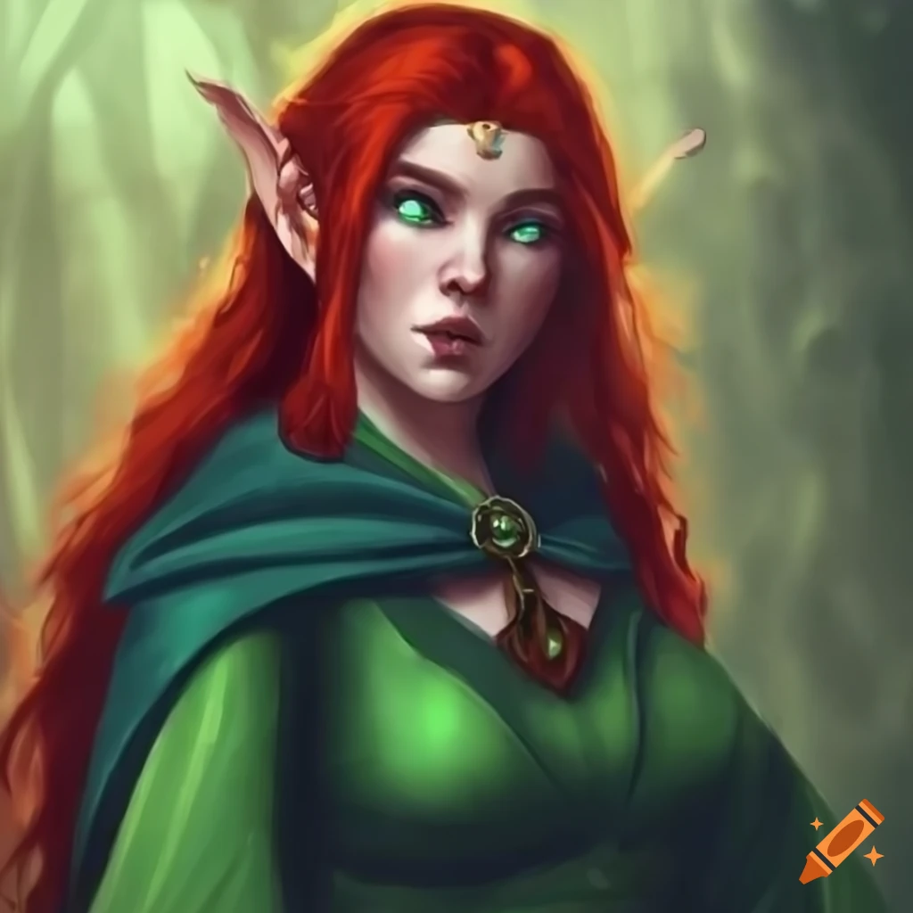 Beautiful female druid wood elf with red hair, wearing jewelry and a ...