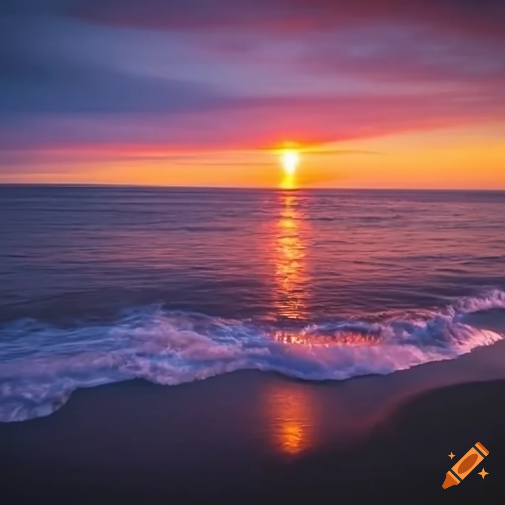 Romantic sunset on the shoreline surrounded by waves