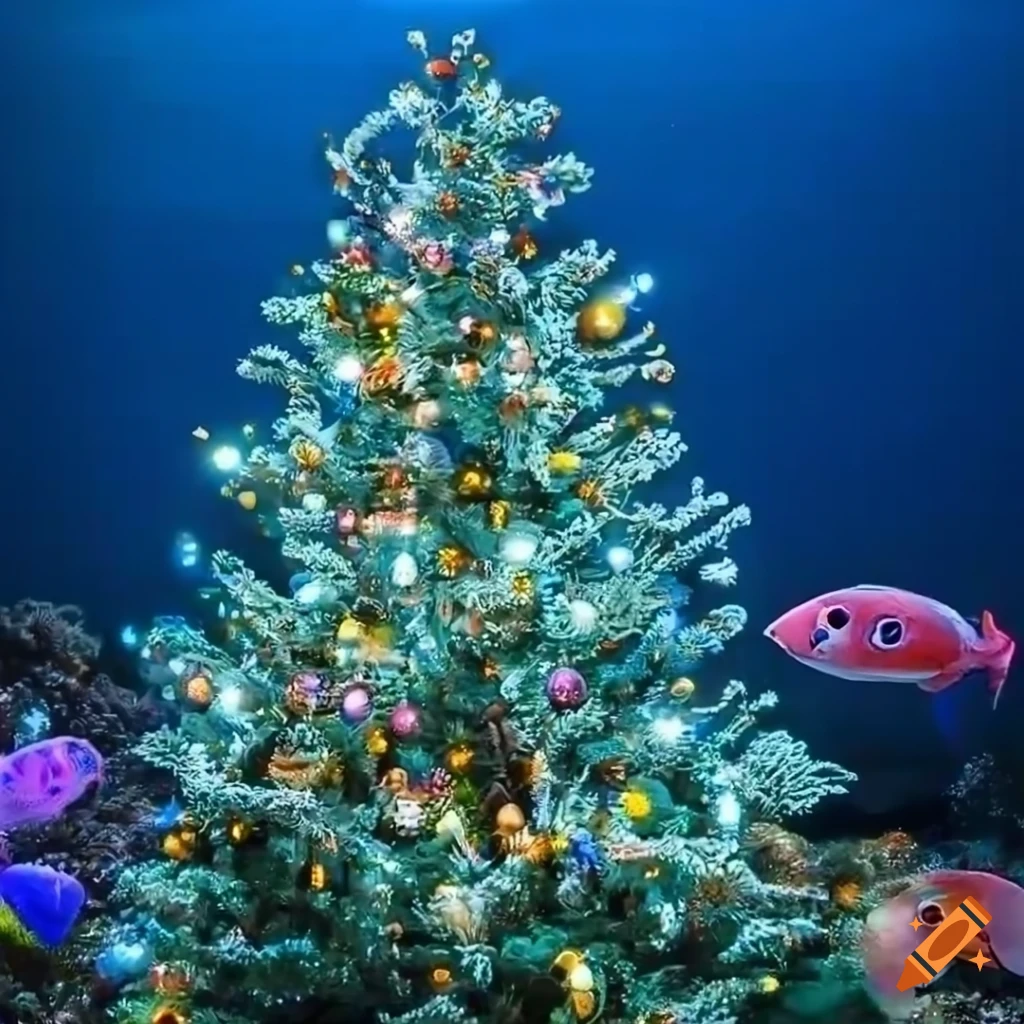 Adorable christmas tree with colorful corals and fishes in the ocean