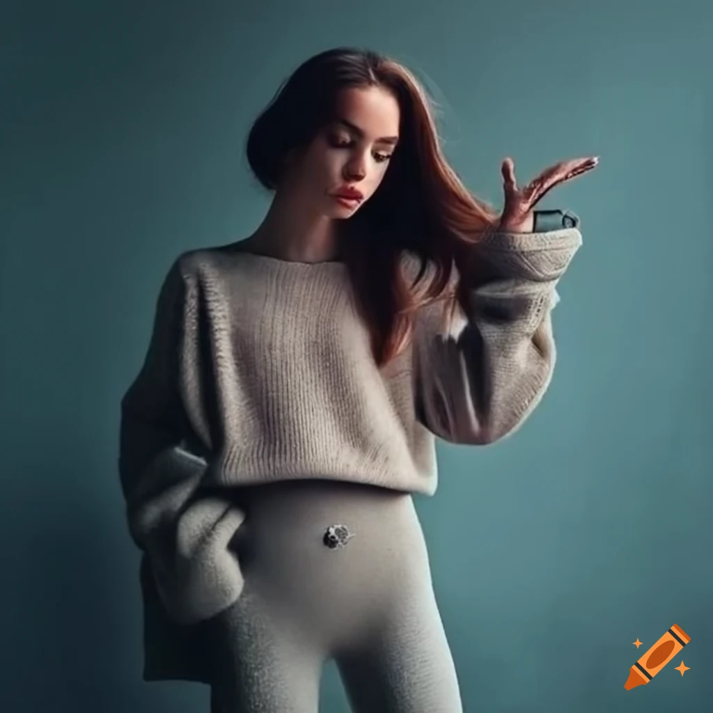 Stylish woman in baggy sweater and leggings posing in a dim room