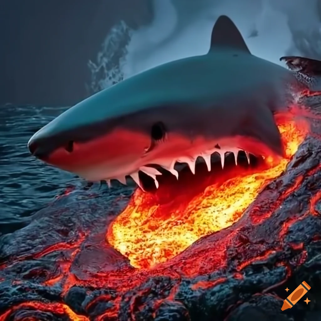 Shark in a river of molten lava on Craiyon