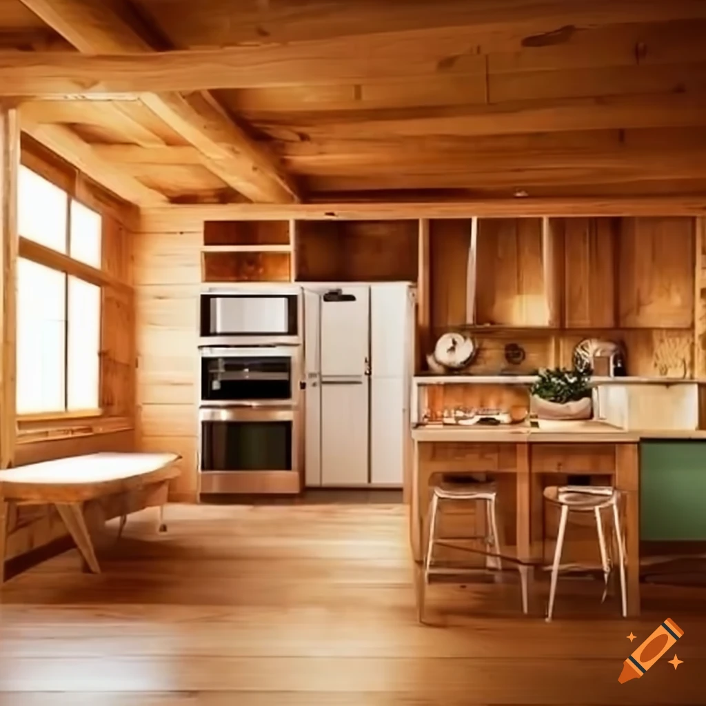 Interior of a cozy one-bedroom cabin with kitchen, bathroom, and living ...