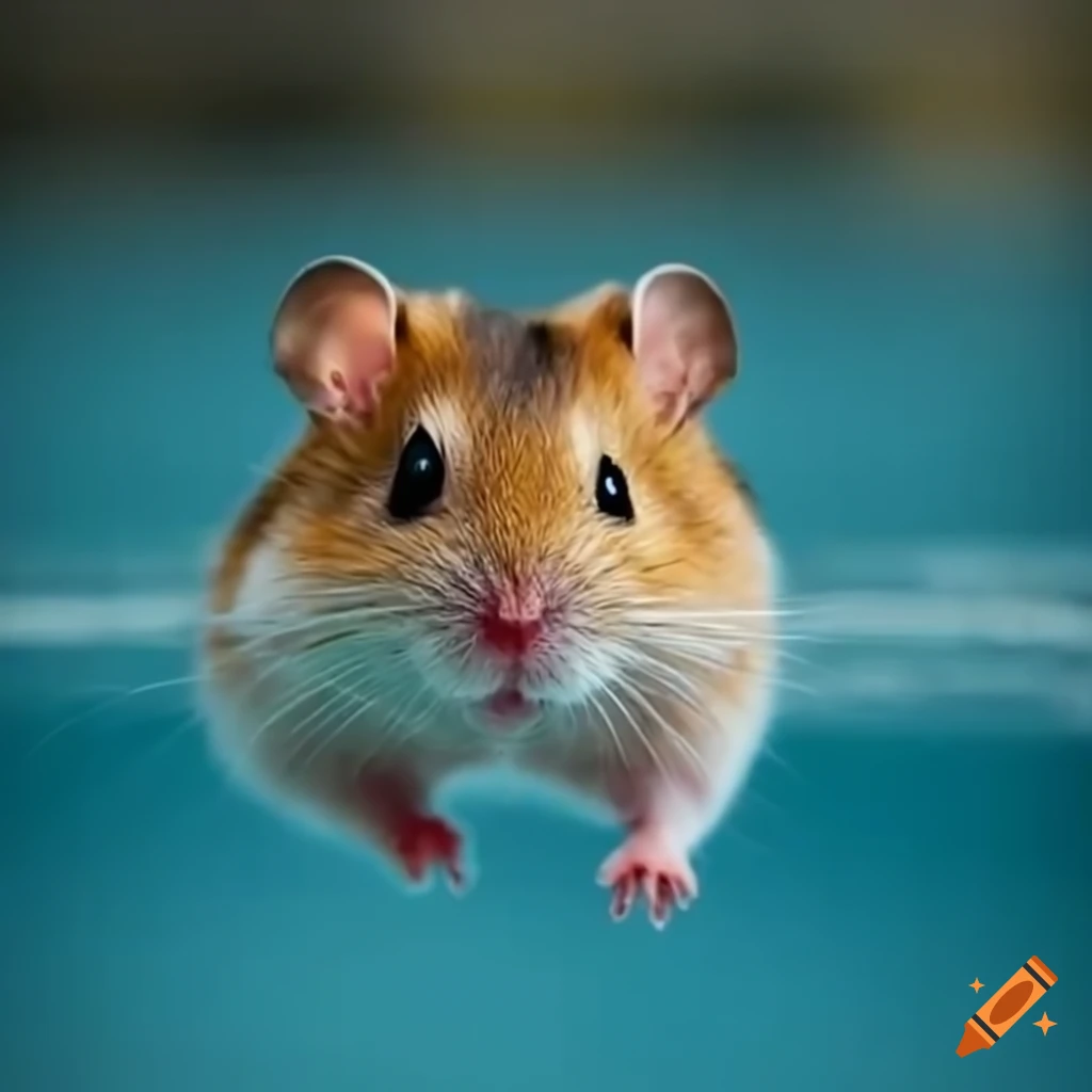 Fluffy hamster learning to swim