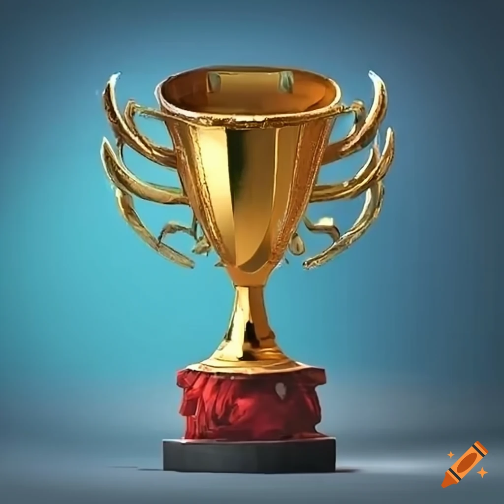 Gold trophy with crystalline trunk and red ball on the base