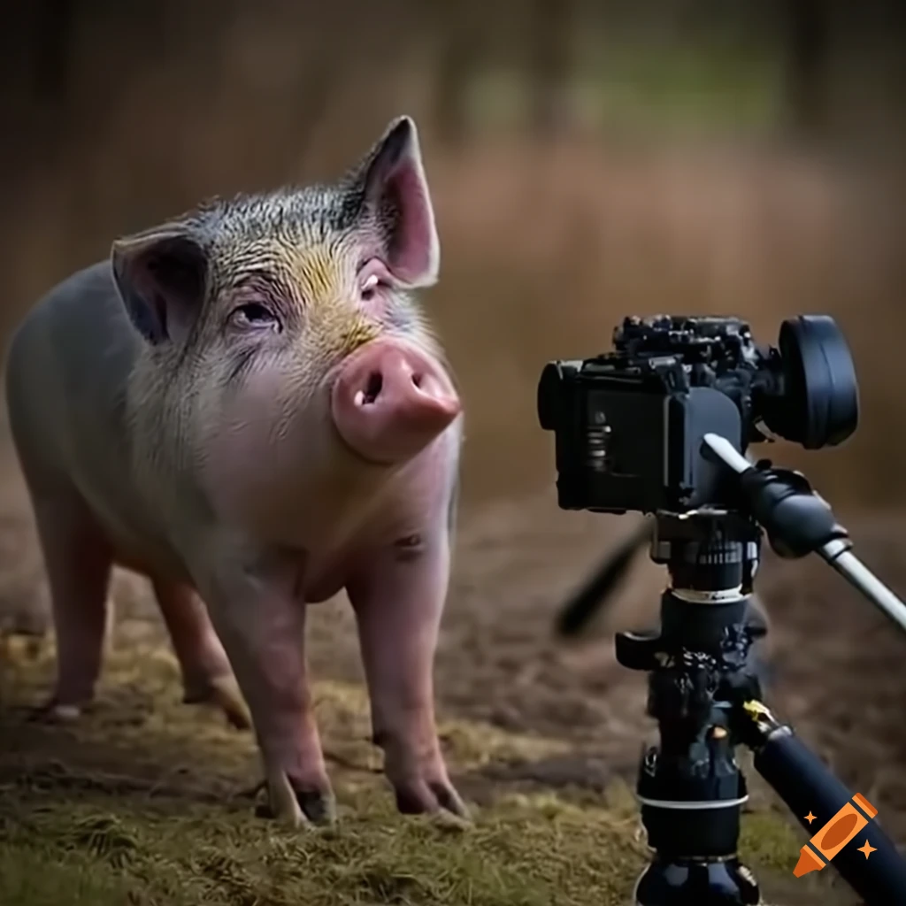 Curious pig looking at a video camera with tripod