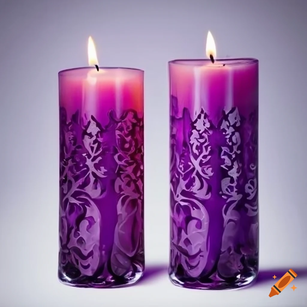 Large purple candle in fancy etched glass on white background on Craiyon