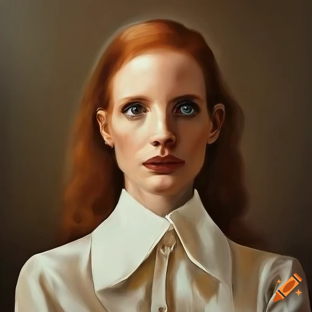 Moody oil painting of a woman in a cream silk collar oxford shirt in a ...