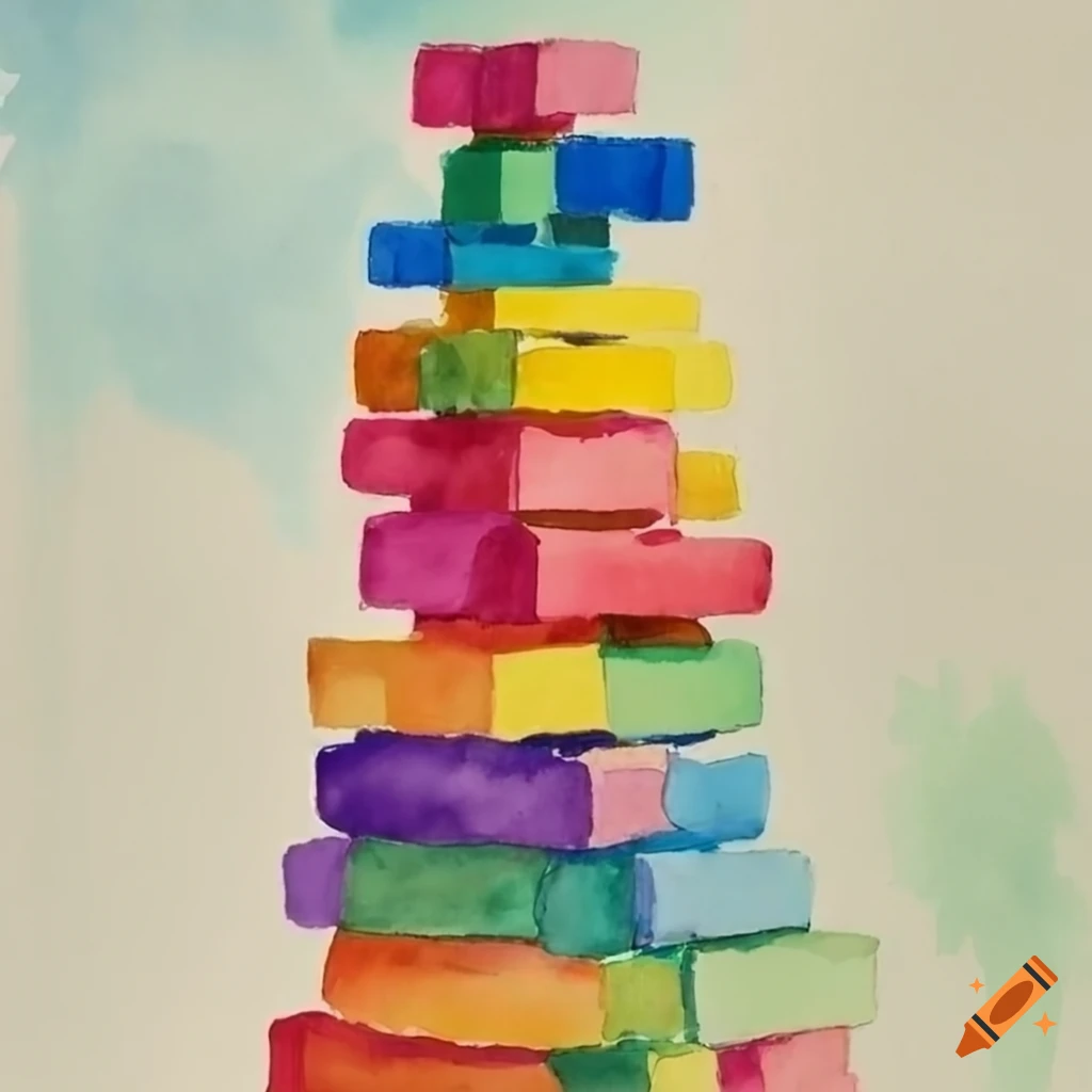 Colorful children's building blocks tower in watercolor on Craiyon
