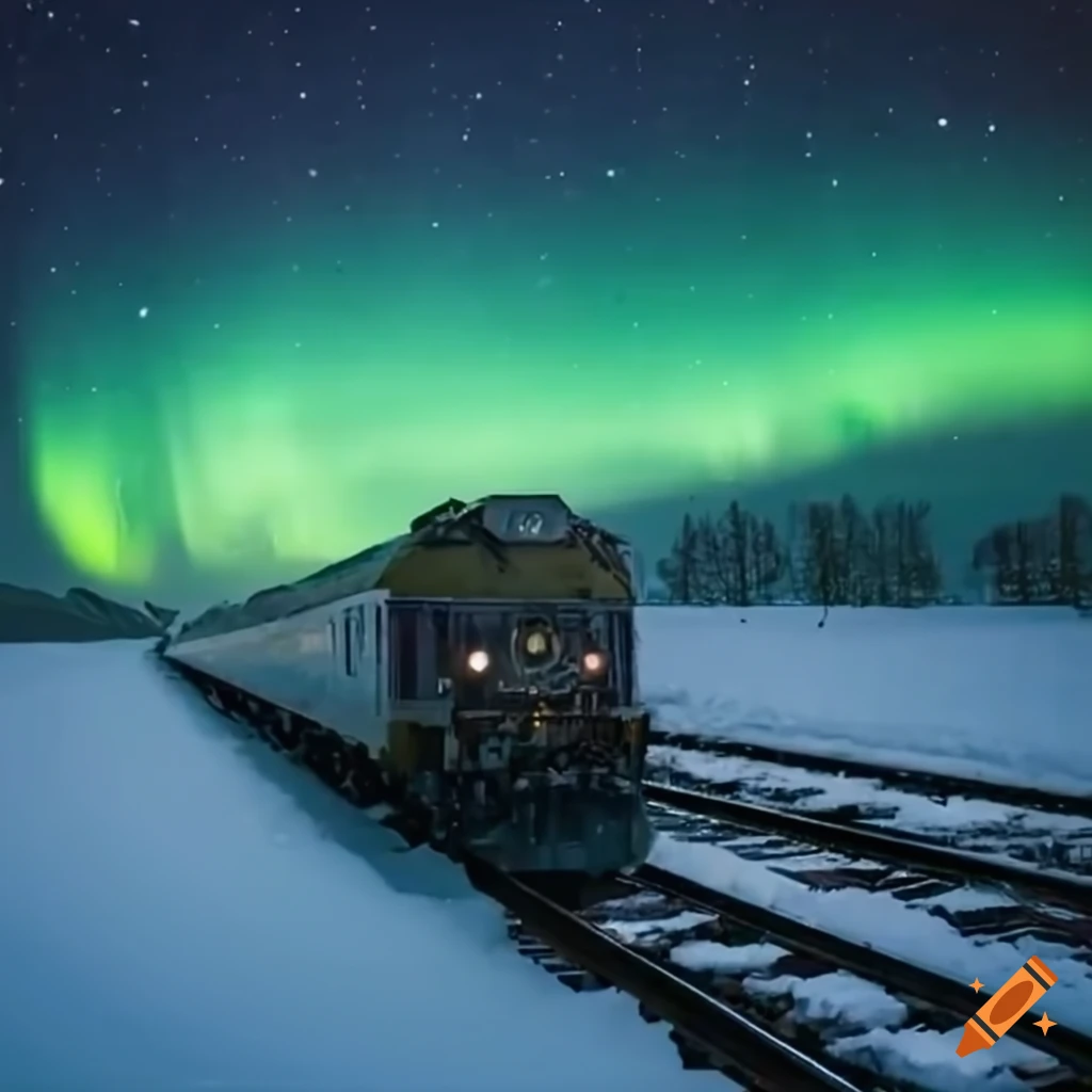 Train stuck in a snowstorm under the Aurora borealis night sky on Craiyon