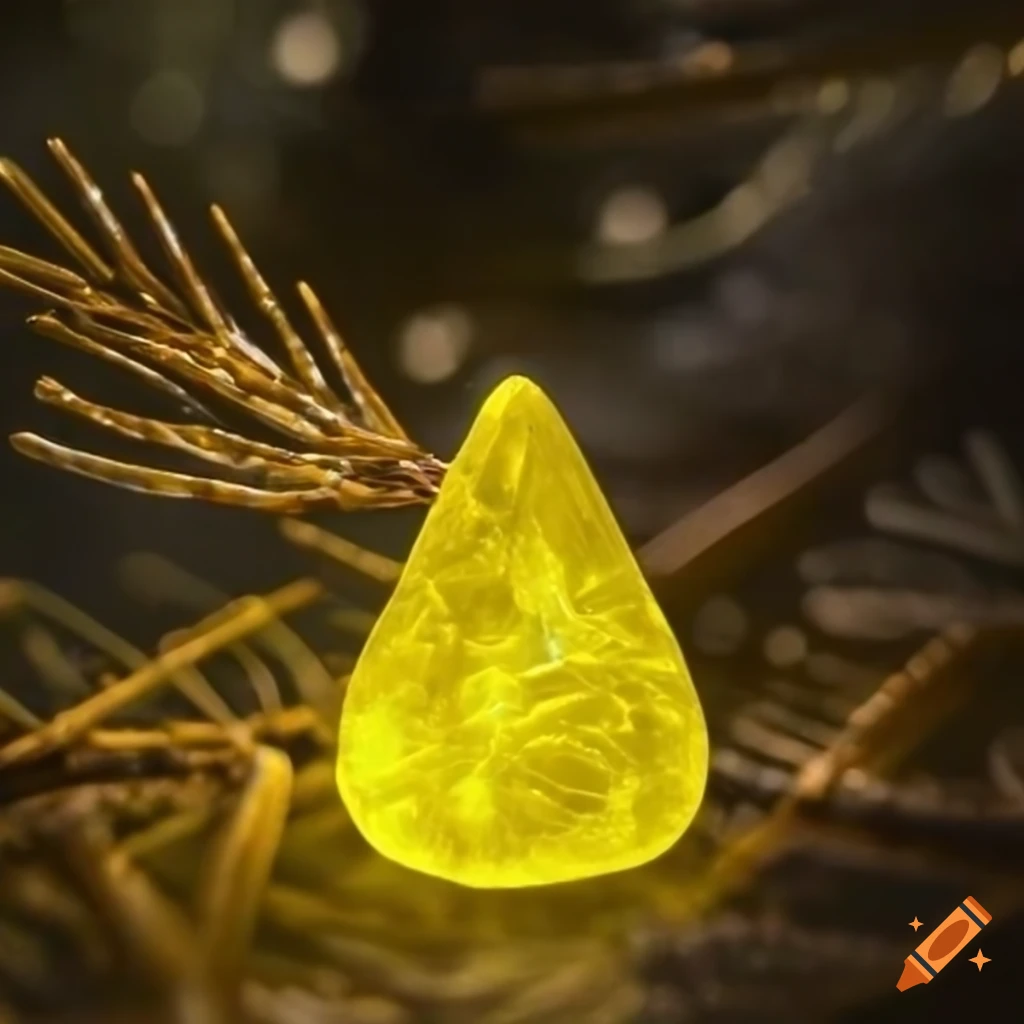Fused yellow glass emitting dim light on fallen spruce needles
