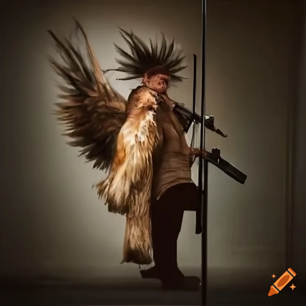 Man with feathers hunting deer in a subway with a gun