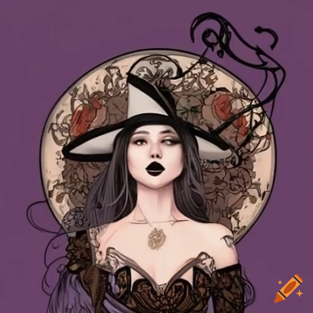 Young gothic witch with a hat holding a pumpkin in a realistic Mucha style