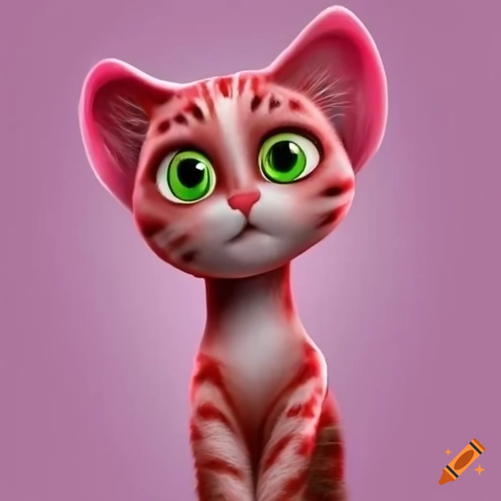 Cute 3d Pink And Red Valentine Tabby Housecat Character With Heart Markings 