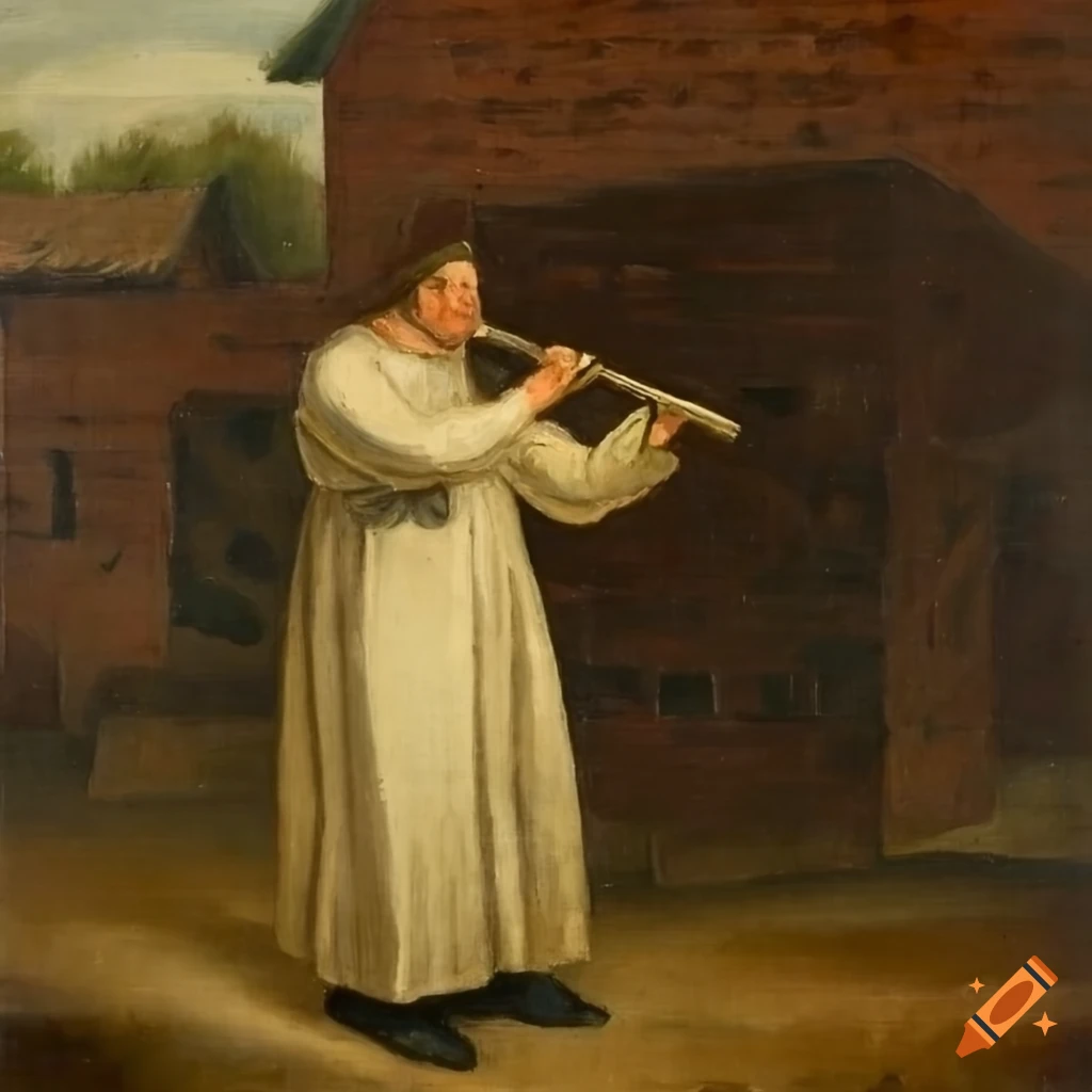 Priest playing a flute in front of a white brick farm in an old painting