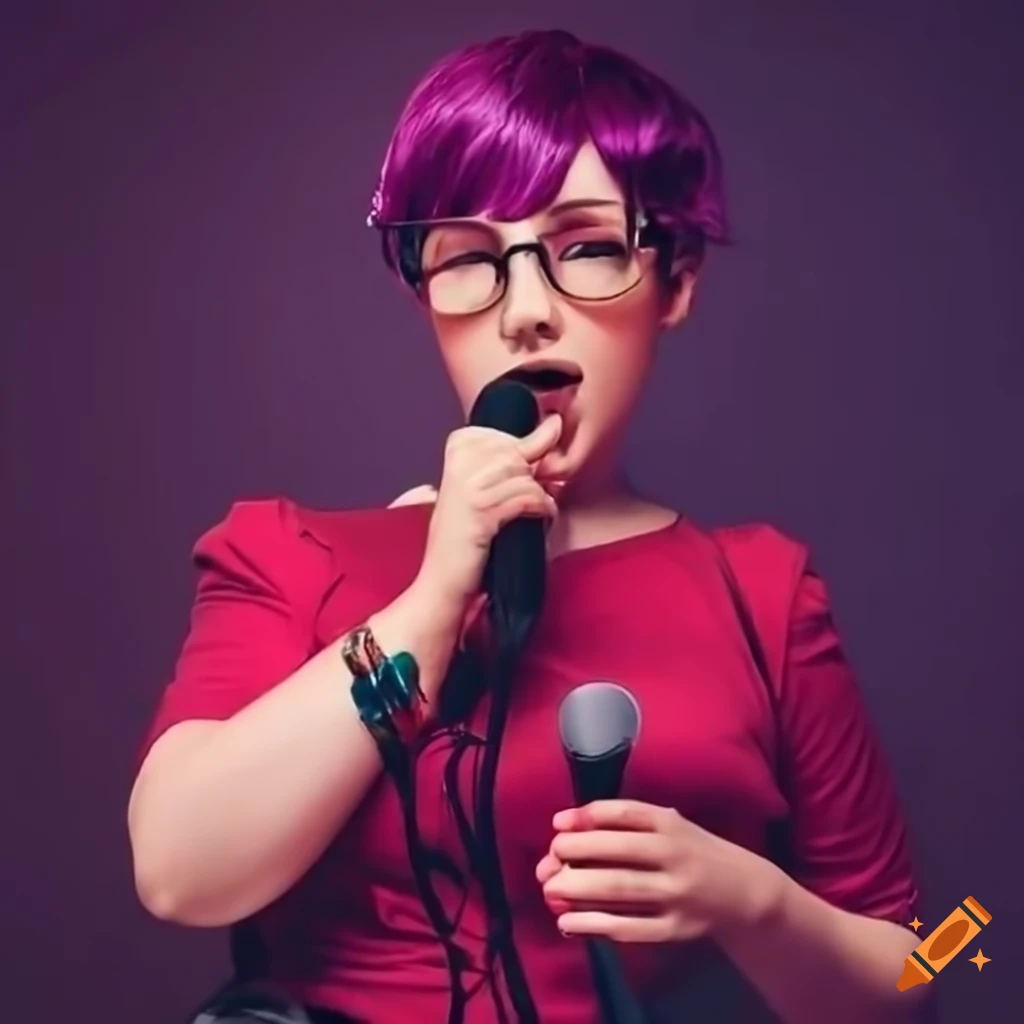 Creative cosplay with short-haired woman singing in trendy karaoke bar
