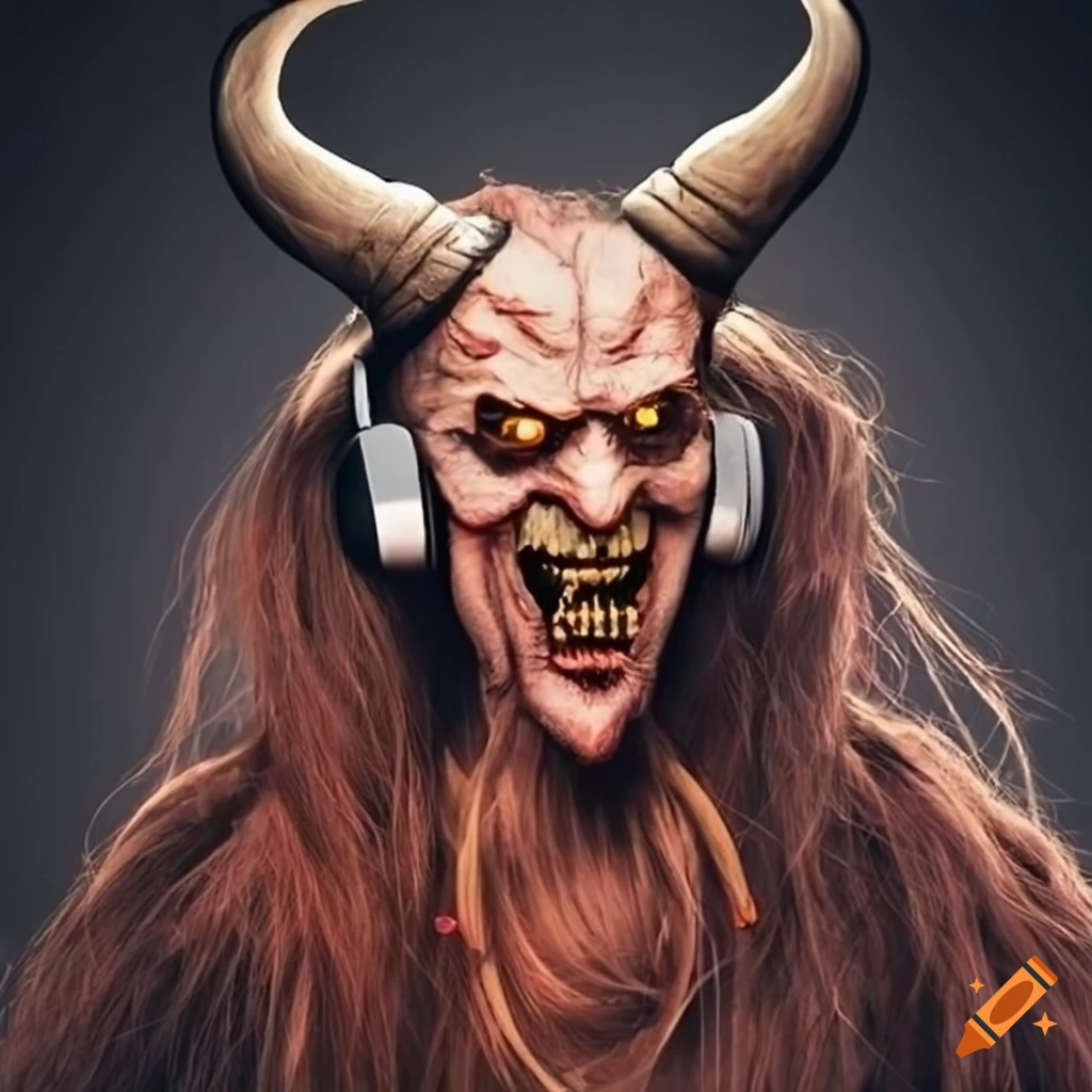 Krampus wearing headphones doing a radio show