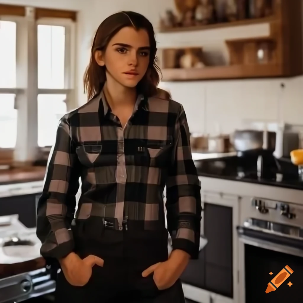 Young woman in country plaid shirt and high-waist black leather trousers standing in farmhouse kitchen