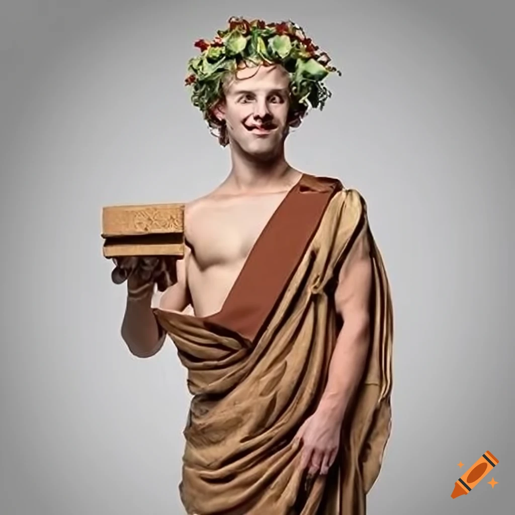 Roman god with wreath crown and toga holding a box on Craiyon