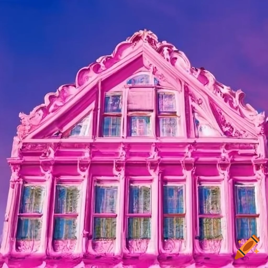 Rococo glass facade against a pink sky in a paradise