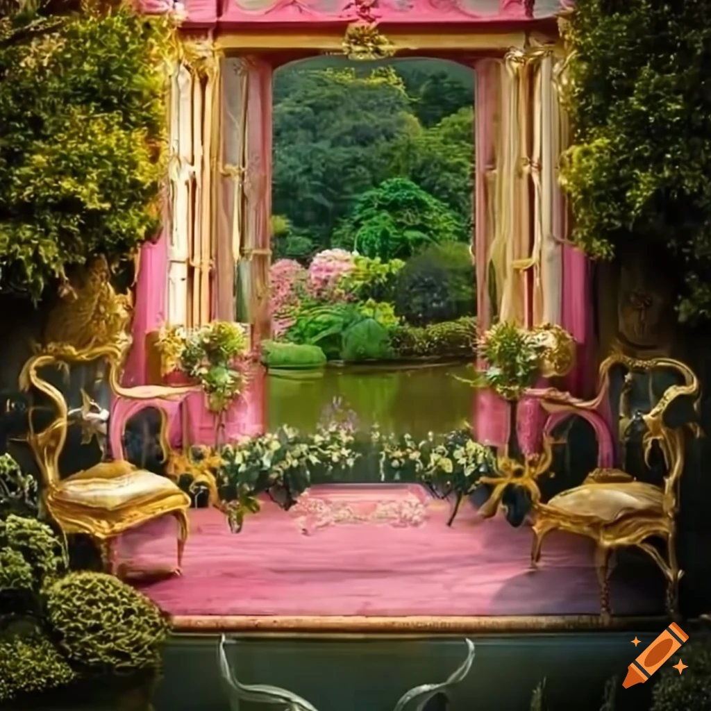 Tea party in Victorian garden with golden rococo balcony and pond view