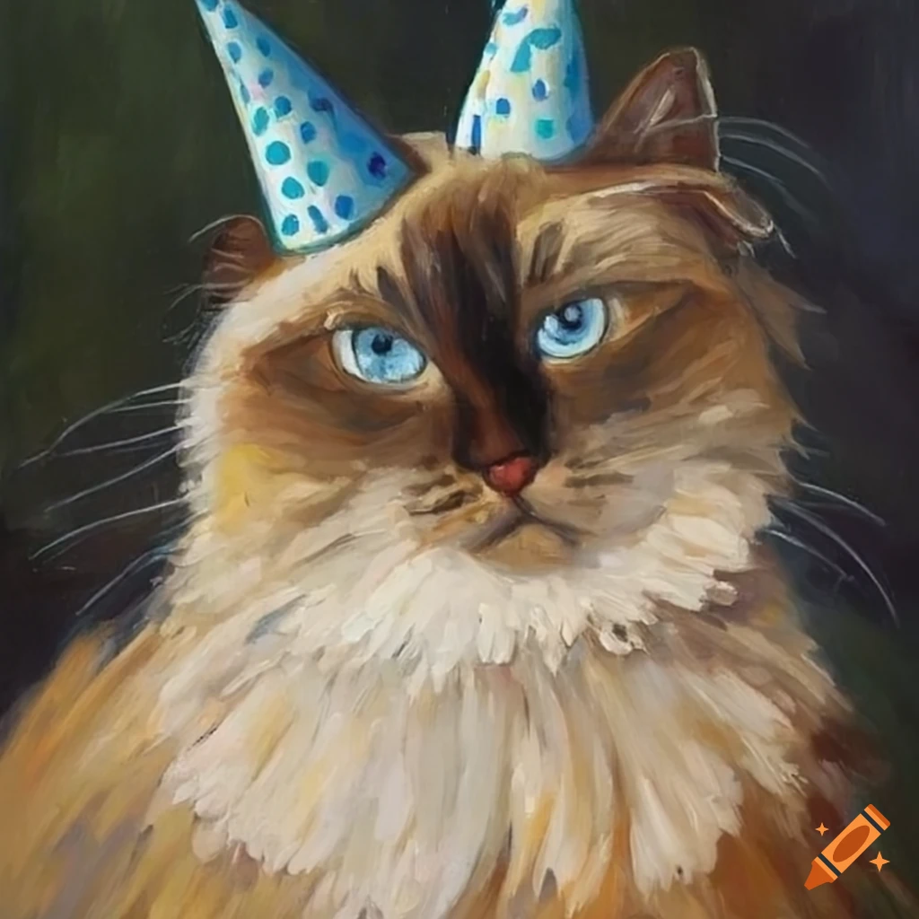 Van Gogh painting of a long-haired ragdoll cat with a birthday hat