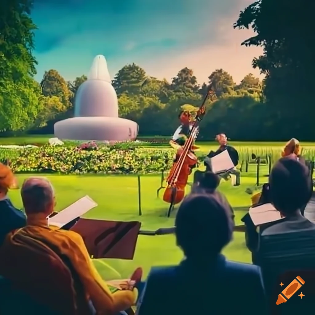 Orchestra performing at Federal garden show with wine in the background