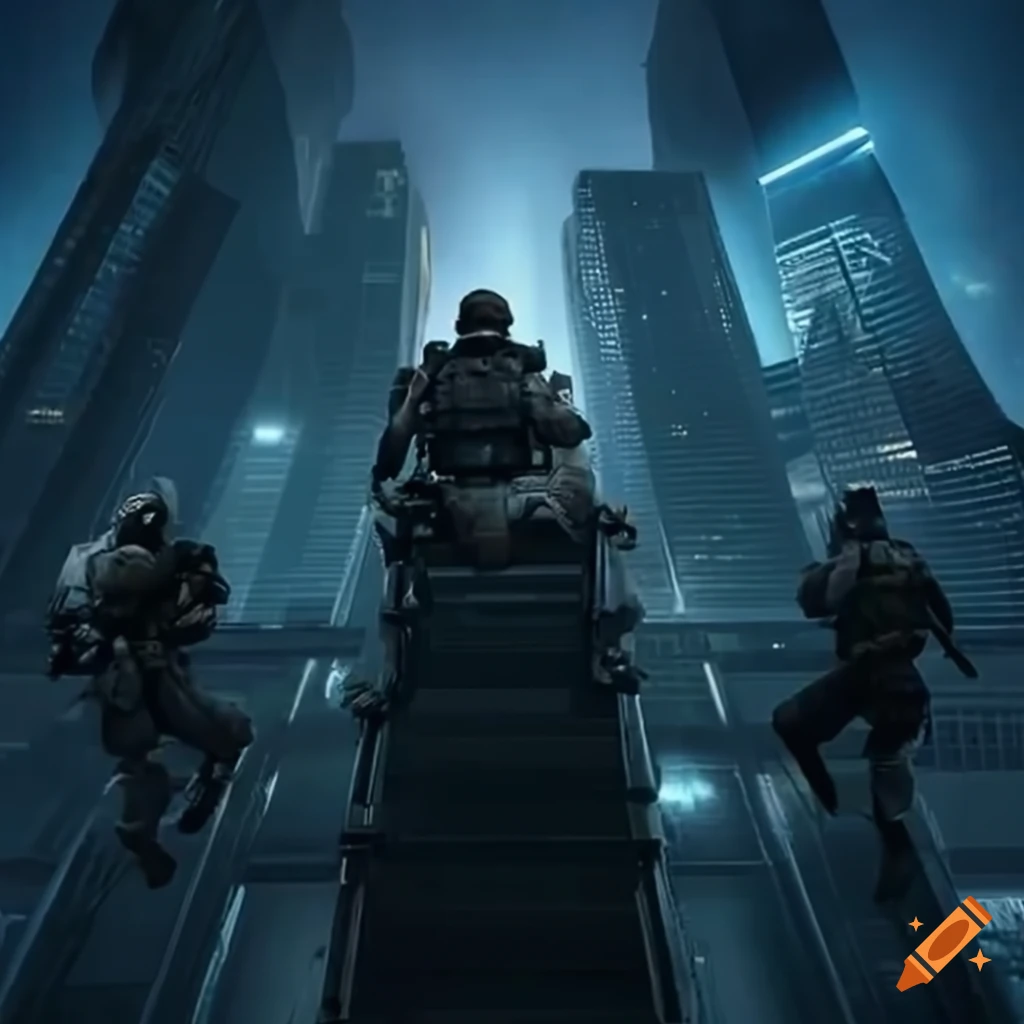 Futuristic soldiers descending from a skyscraper at dusk on Craiyon