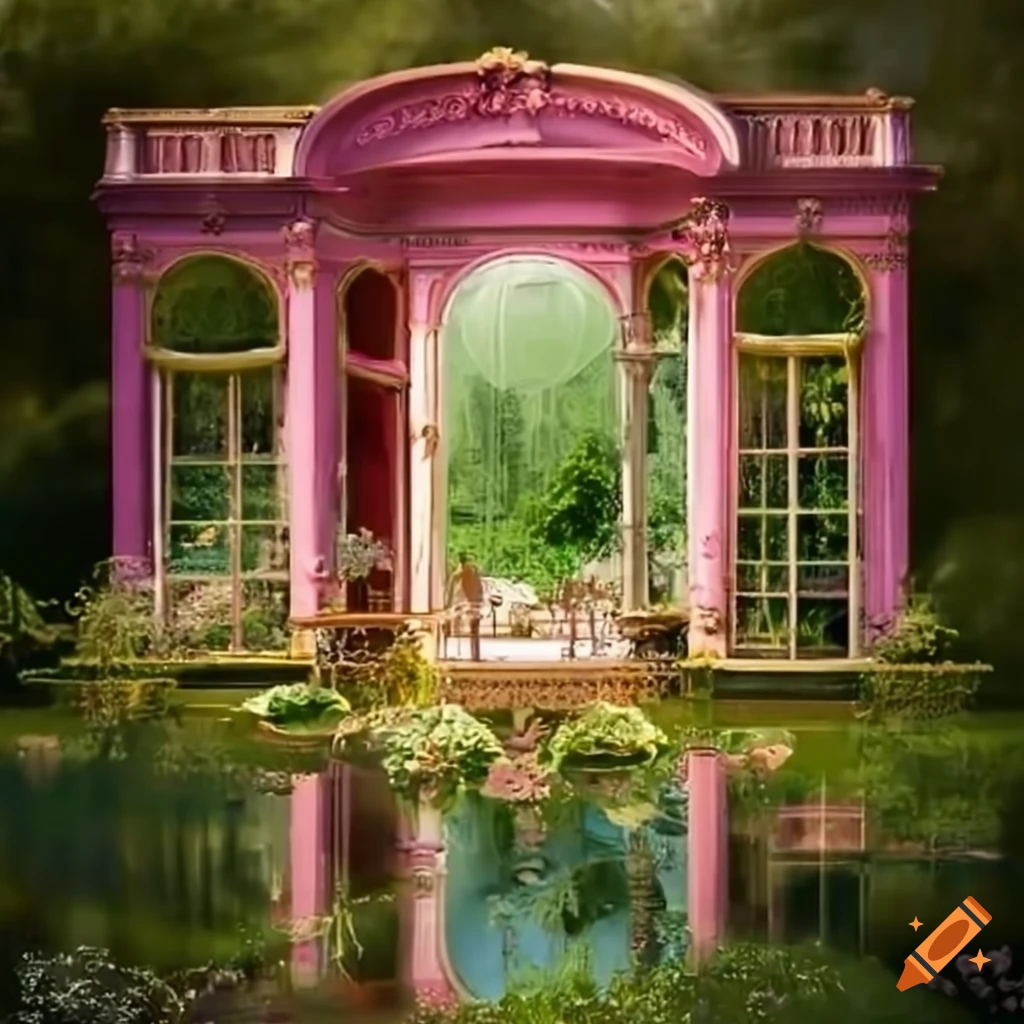 Tranquil Victorian garden with a tea party and golden rococo balcony overlooking a pond