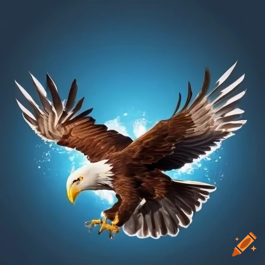 Heraldry of bald eagle flying towards viewer with wings spread
