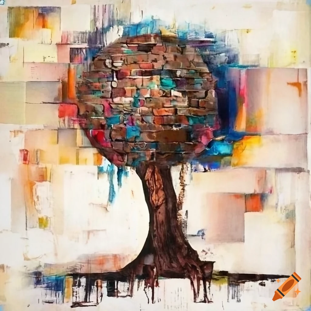 Abstract tree shaped collage with mixed media newspaper and thick oil ...