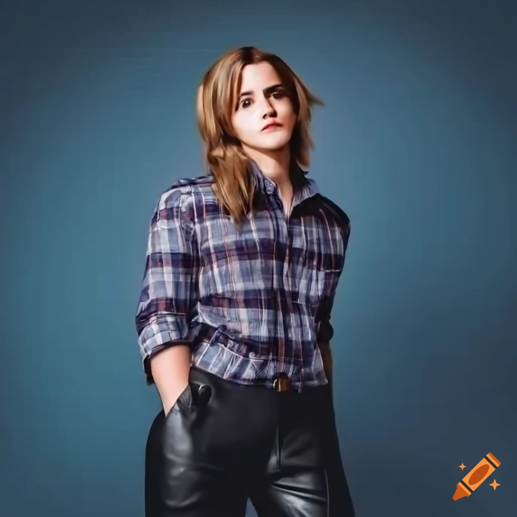 Young woman in country plaid shirt and high-waist black leather trousers standing in farmhouse kitchen