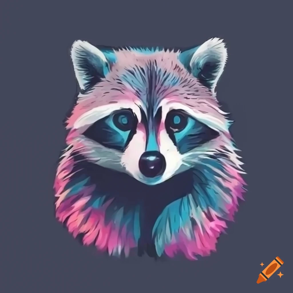 Tattoo design of a raccoon with simple blue, pink, and white bold outline
