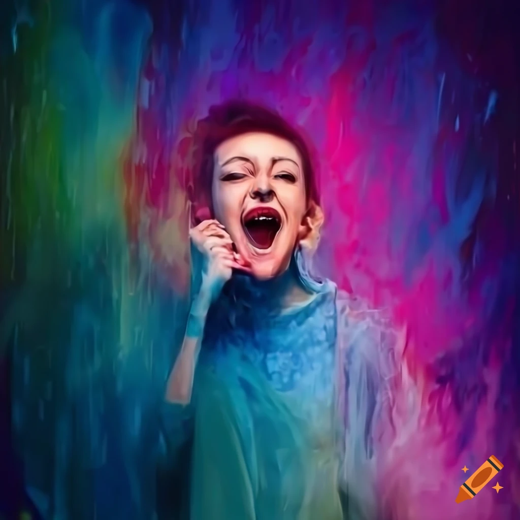 Portrait of person laughing in the rain with colorful background