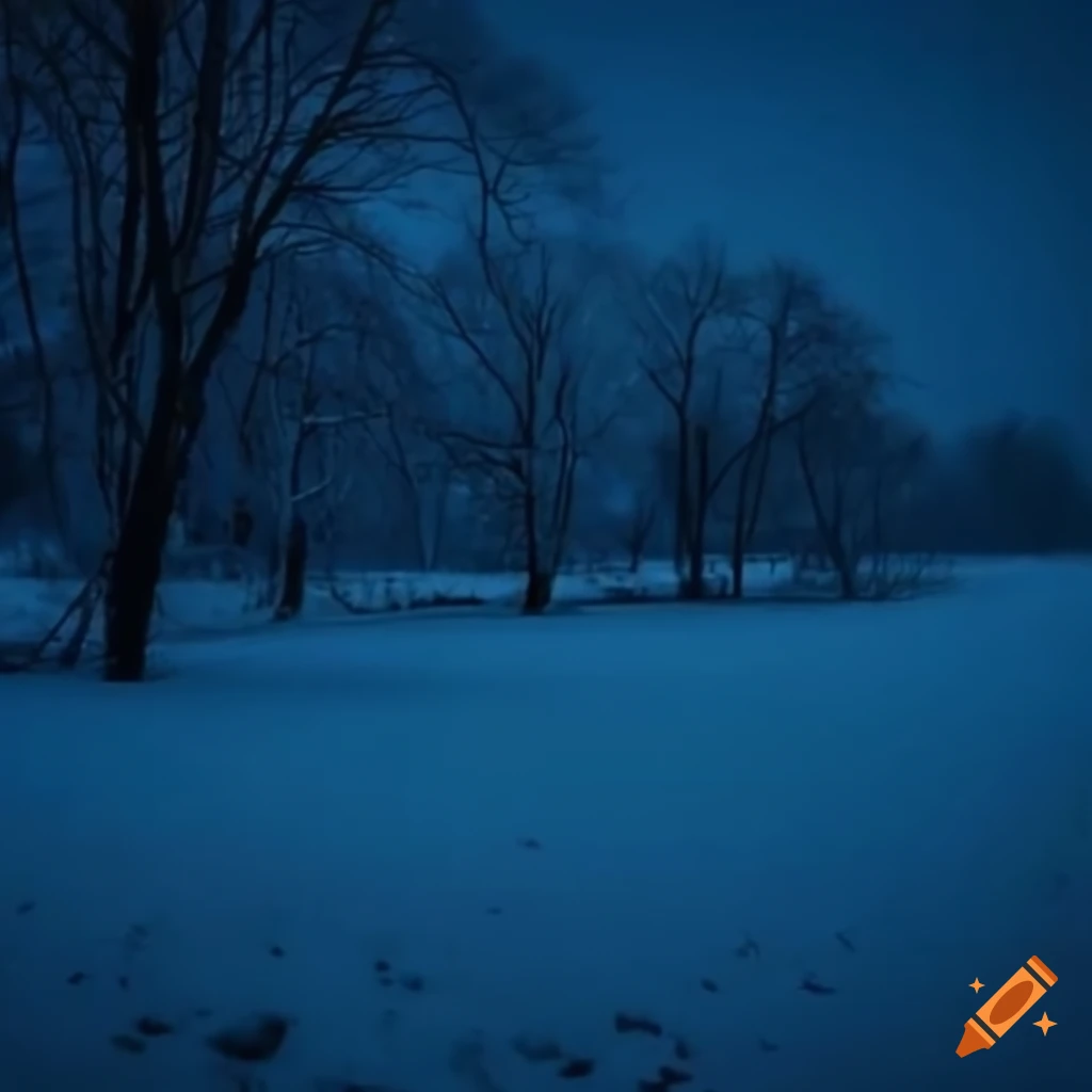 Empty snowy war ground with a blue tint and a somber tone