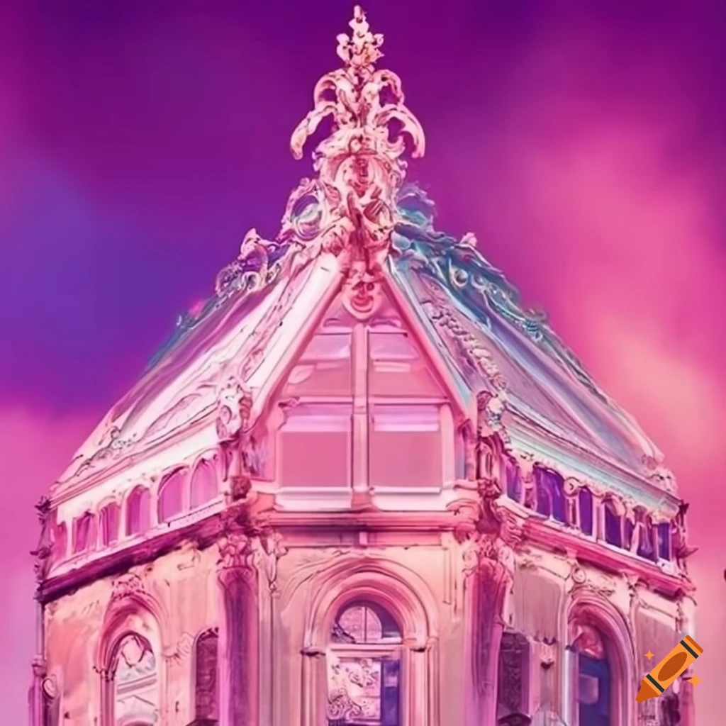 Rococo glass facade against a pink sky in a paradise on Craiyon