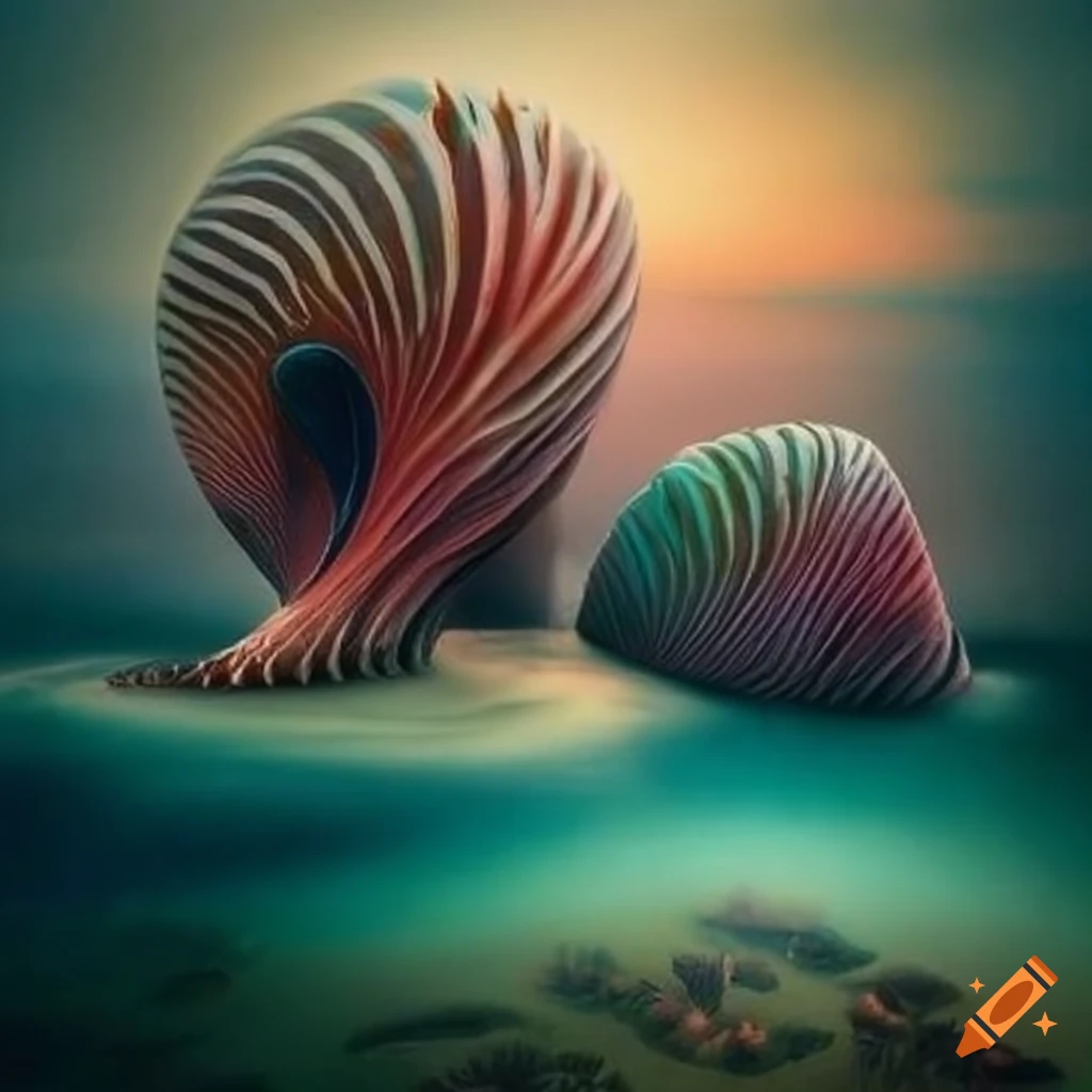Surrealistic shores and multicolored coral hills, glassy surrealistic seashells, waves, exotic flowers on shore, fantastic clouds