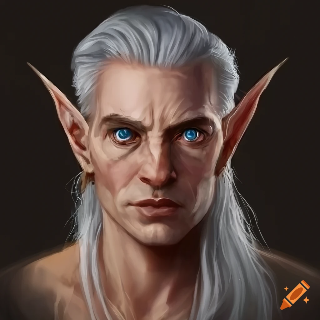Front-facing portrait of a middle aged male high elf with tan skin ...