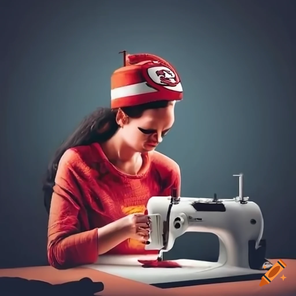 Woman sewing with kansas city chiefs nfl hat on Craiyon