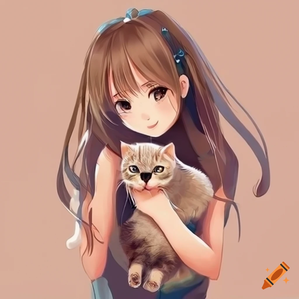 Brown-haired girl playing with a cat
