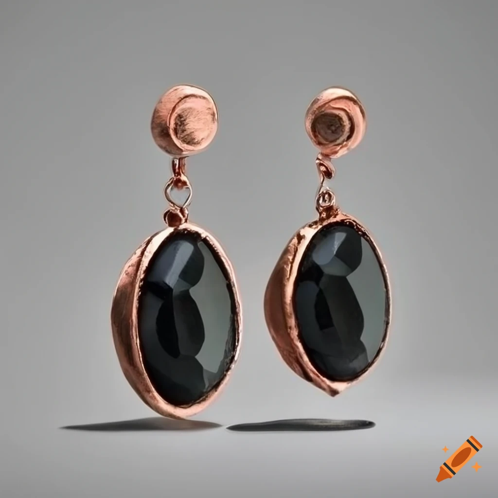 Statement hammered copper disc earrings with onyx stone on Craiyon
