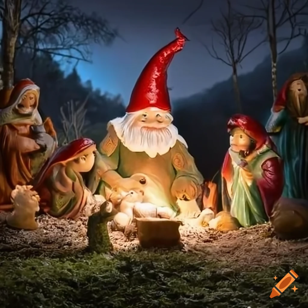 Traditional christmas nativity scene with garden gnomes on Craiyon