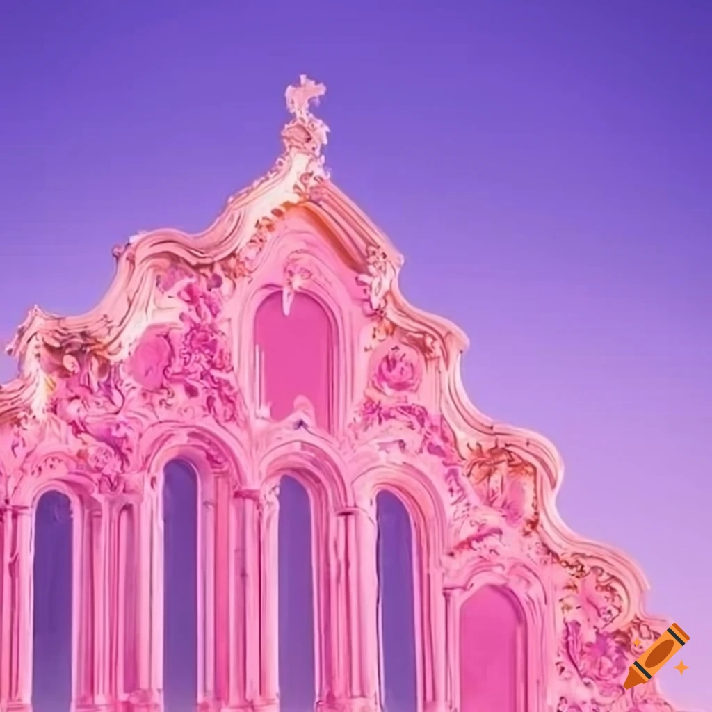 Rococo glass facade with lovely pink sky in a paradise setting