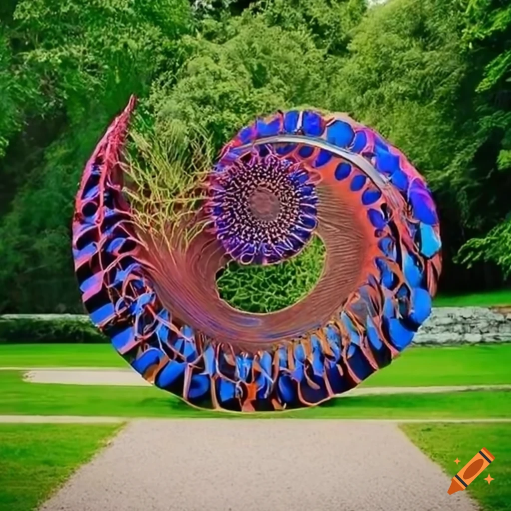 Intricate colorchanging metal art in a serene outdoor setting on Craiyon